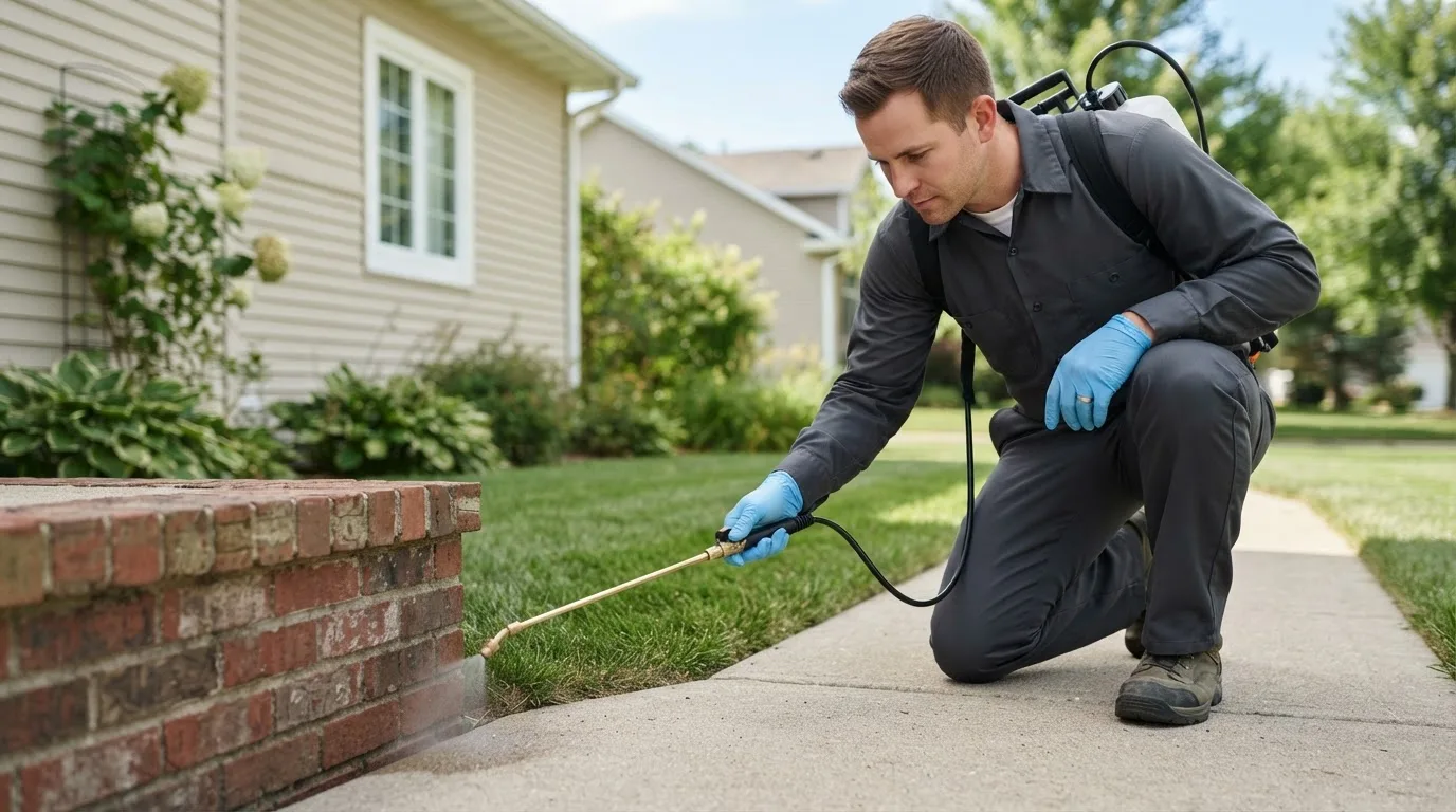 Pest control technician treating a home near Mansfield, MA
