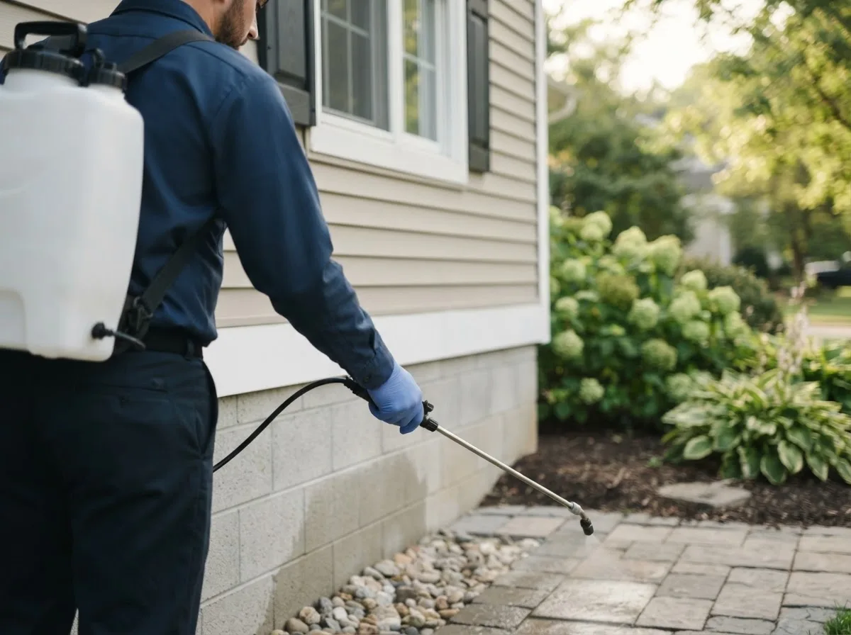 Pest control technician inspecting a home in Mansfield, MA
